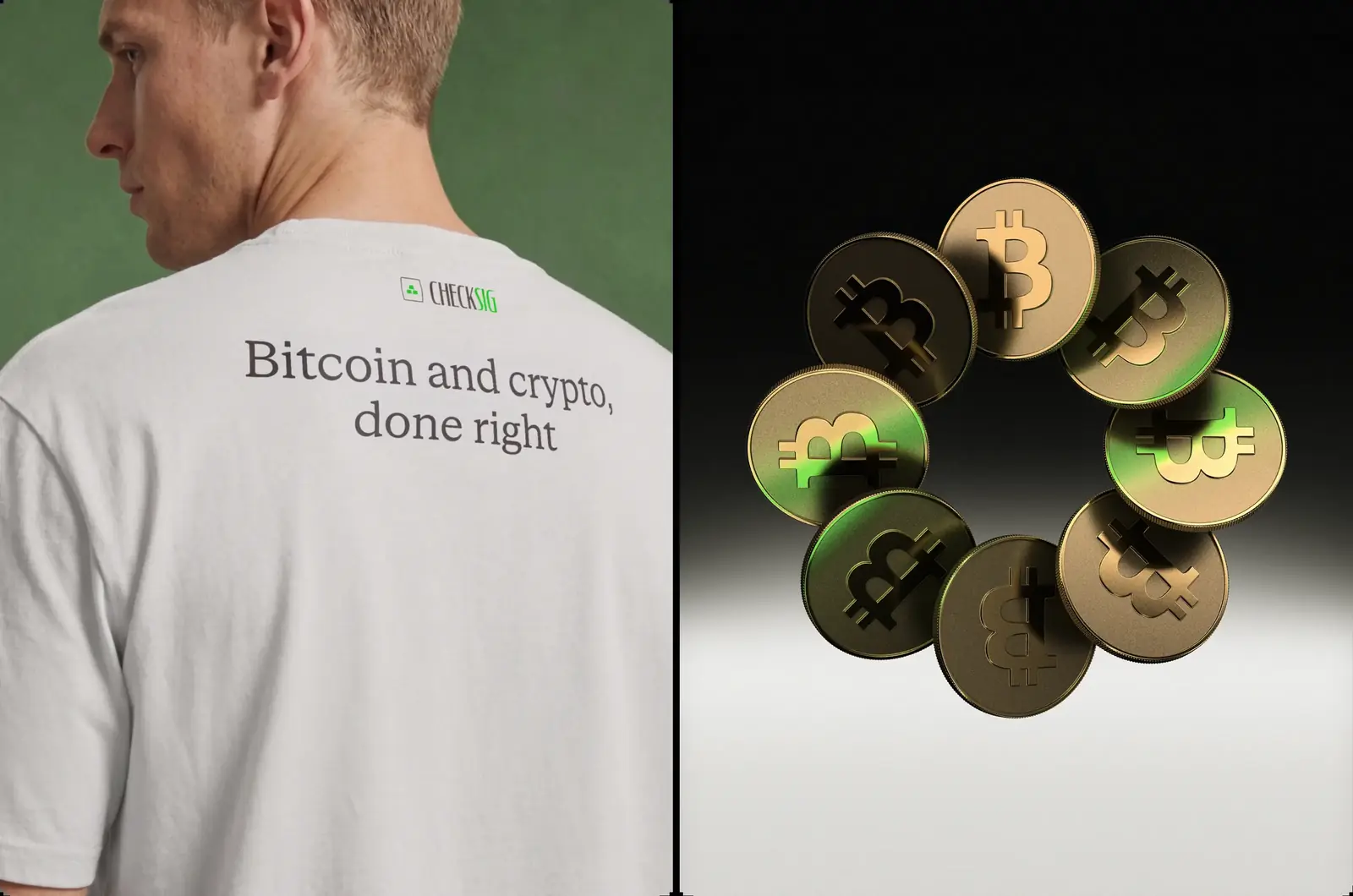 CheckSig t-shirt with the tagline 'Bitcoin and crypto, done right' and Bitcoin coins