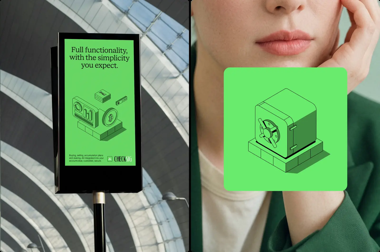 CheckSig digital signage with the message 'Full functionality, with the simplicity you expect'
