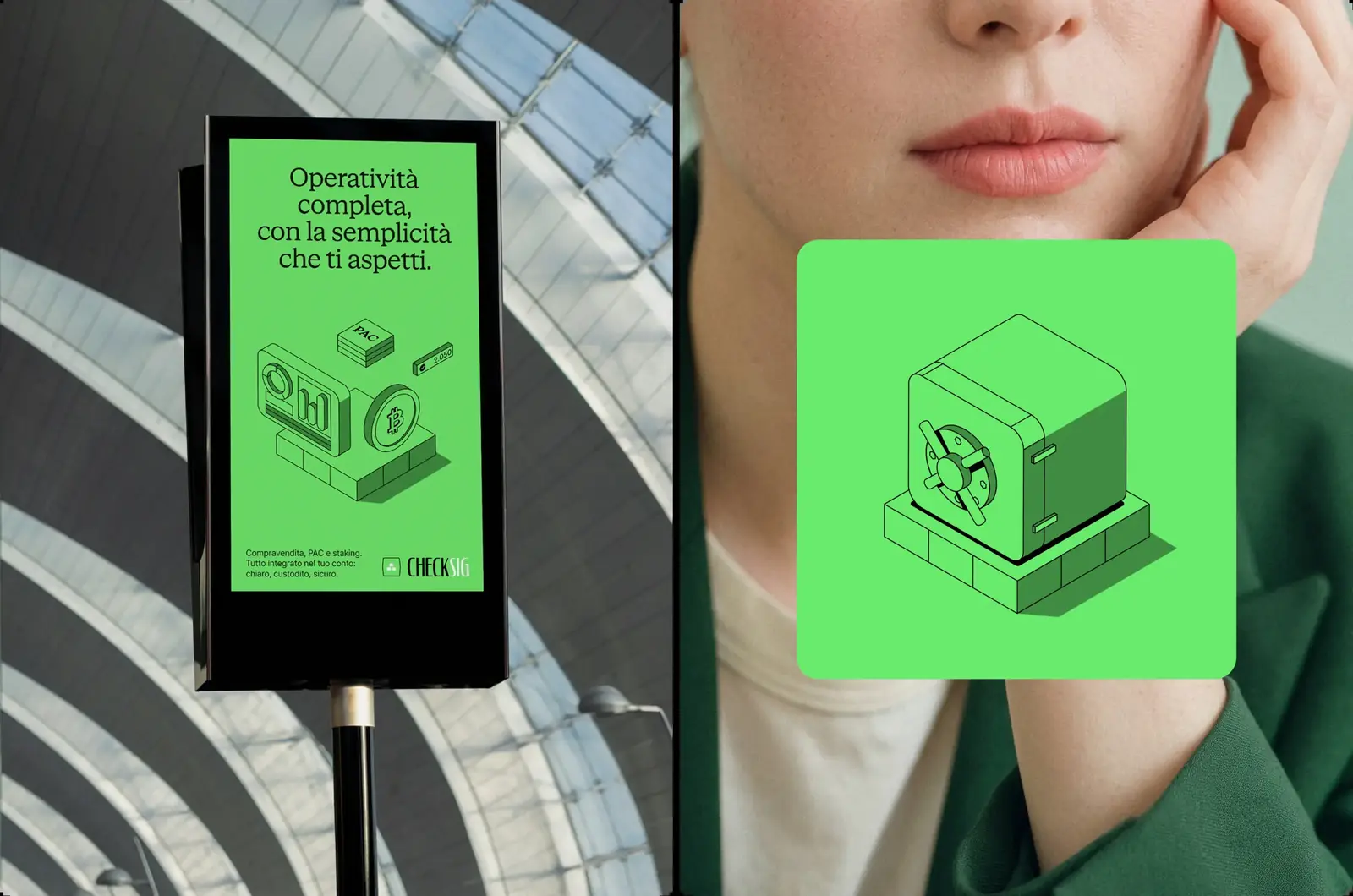 Totem digitale CheckSig con il messaggio 'Operatività completa, con la semplicità che ti aspetti'